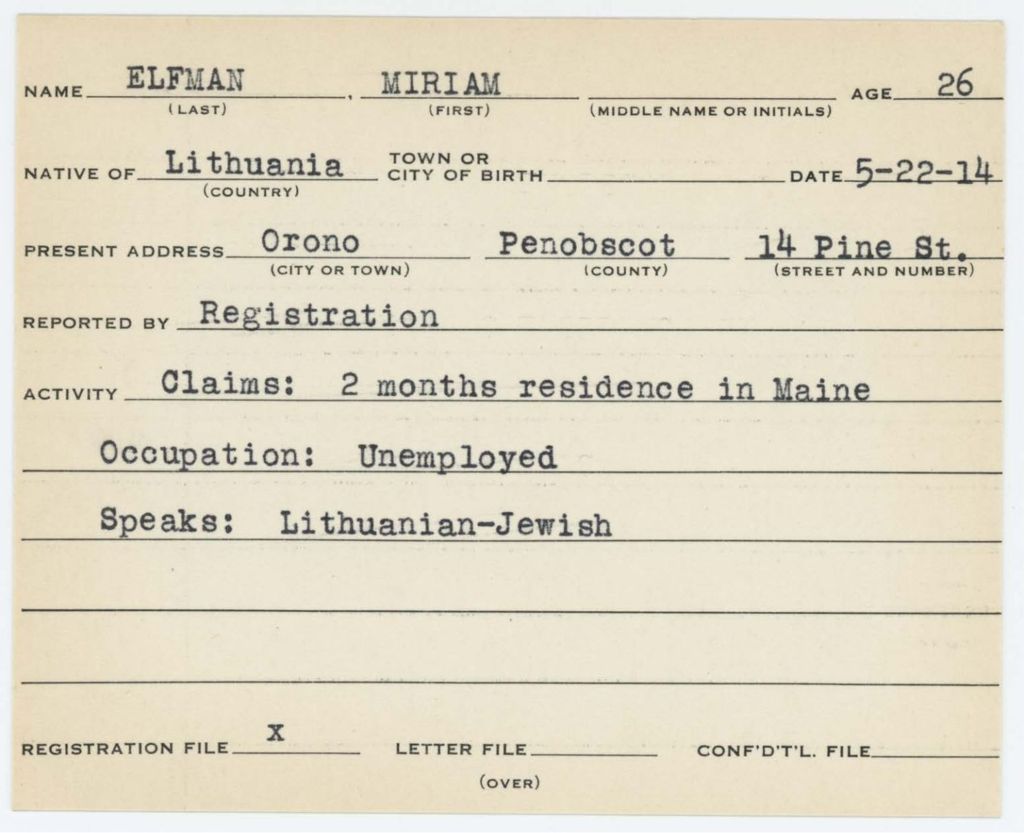Alien Registration Card- Elfman, Miriam (Orono, Penobscot County)