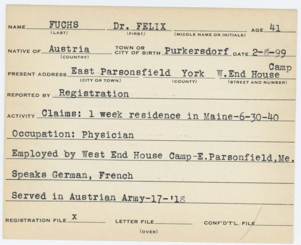Alien Registration Card- Fuchs, Dr. Felix (Parsonsfield, York County)