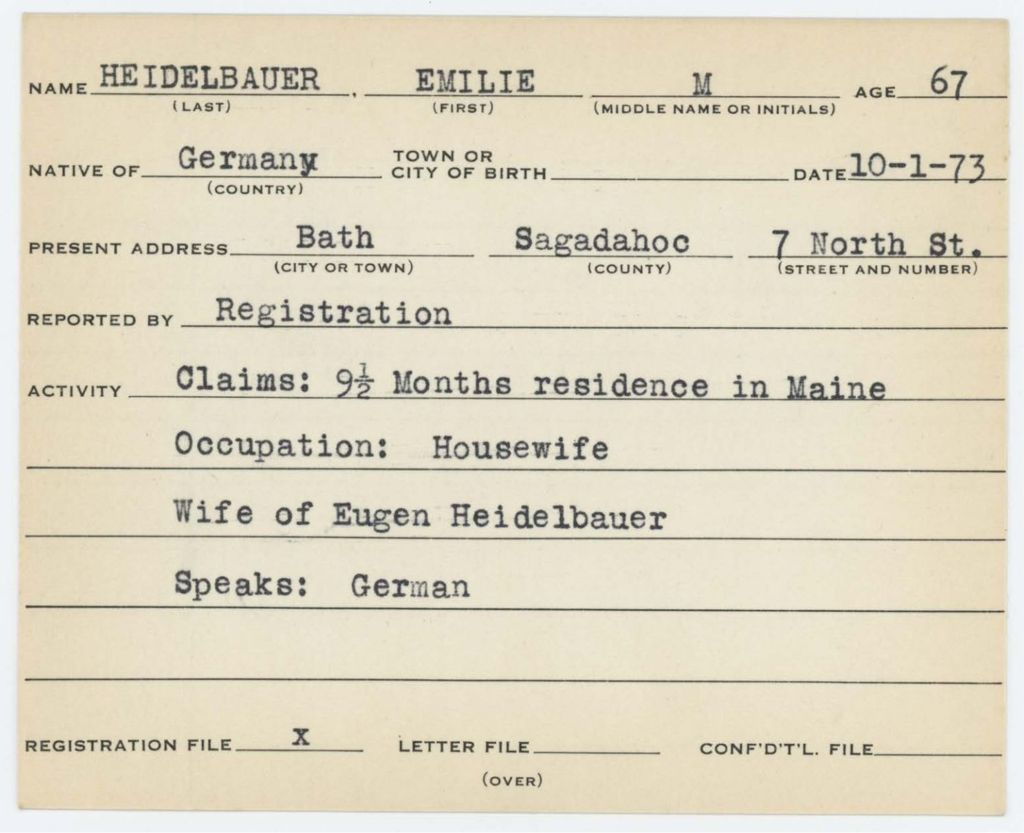 Alien Registration Card- Heidelbauer, Emilie M. (Bath, Sagadahoc County)