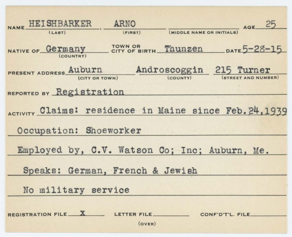 Alien Registration Card- Heisehhasker, Areer (Auburn, Androscoggin County)