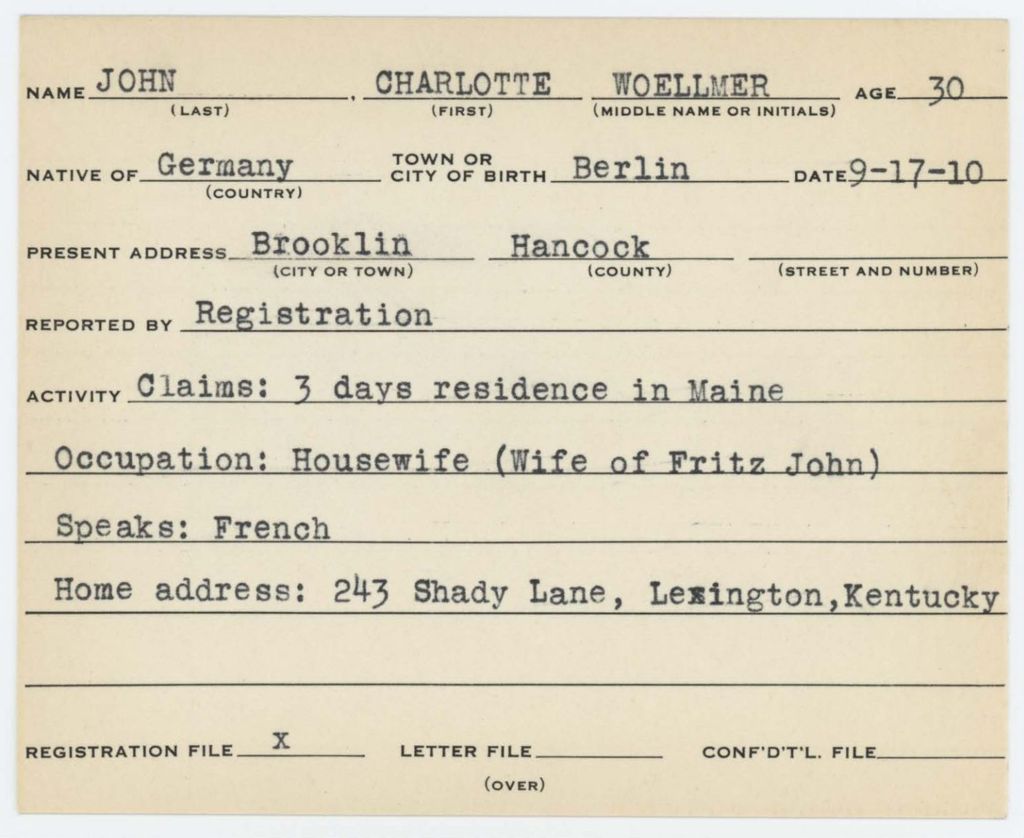 Alien Registration Card- John, Charlotte (Brooklin, Hancock County)