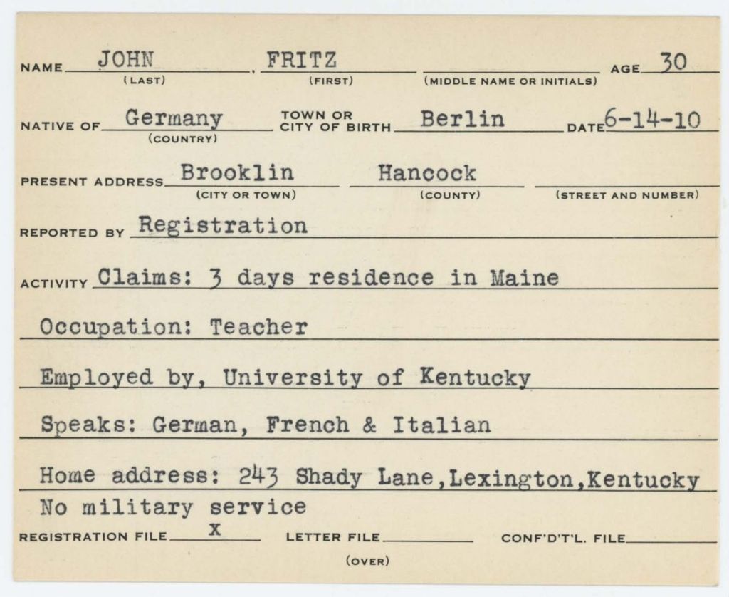Alien Registration Card- John, Fritz (Brooklin, Hancock County)
