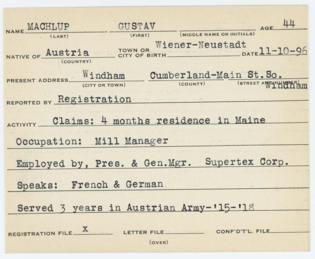 Alien Registration Card- Machlup, Gustav (Windham, Cumberland County)