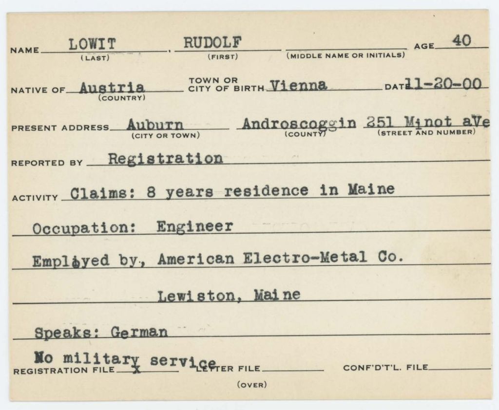 Alien Registration Card- Lowit, Rudolf (Auburn, Androscoggin County)