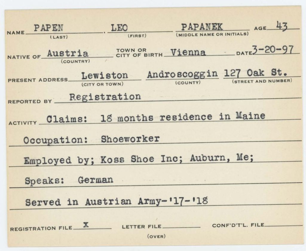 Alien Registration Card- Papen, Alice (Lewiston, Androscoggin County)