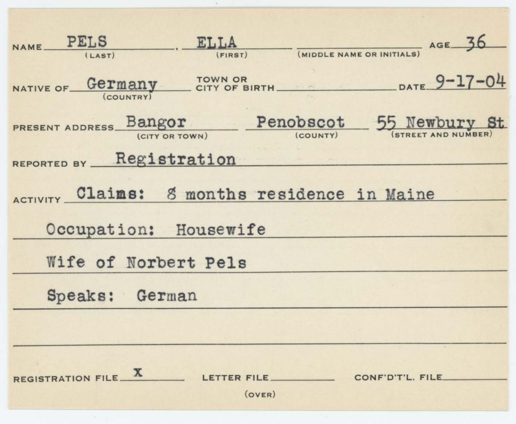 Alien Registration Card- Pels, Ella (Bangor, Penobscot County)