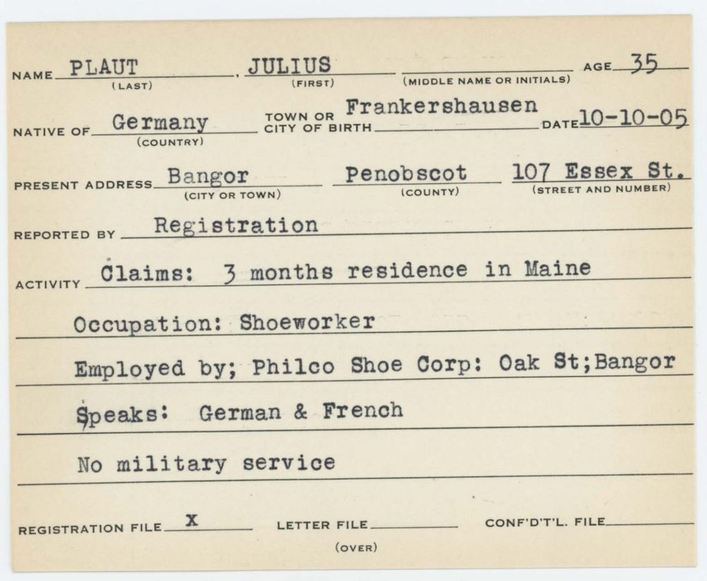Alien Registration Card- Plaut, Julius (Bangor, Penobscot County)