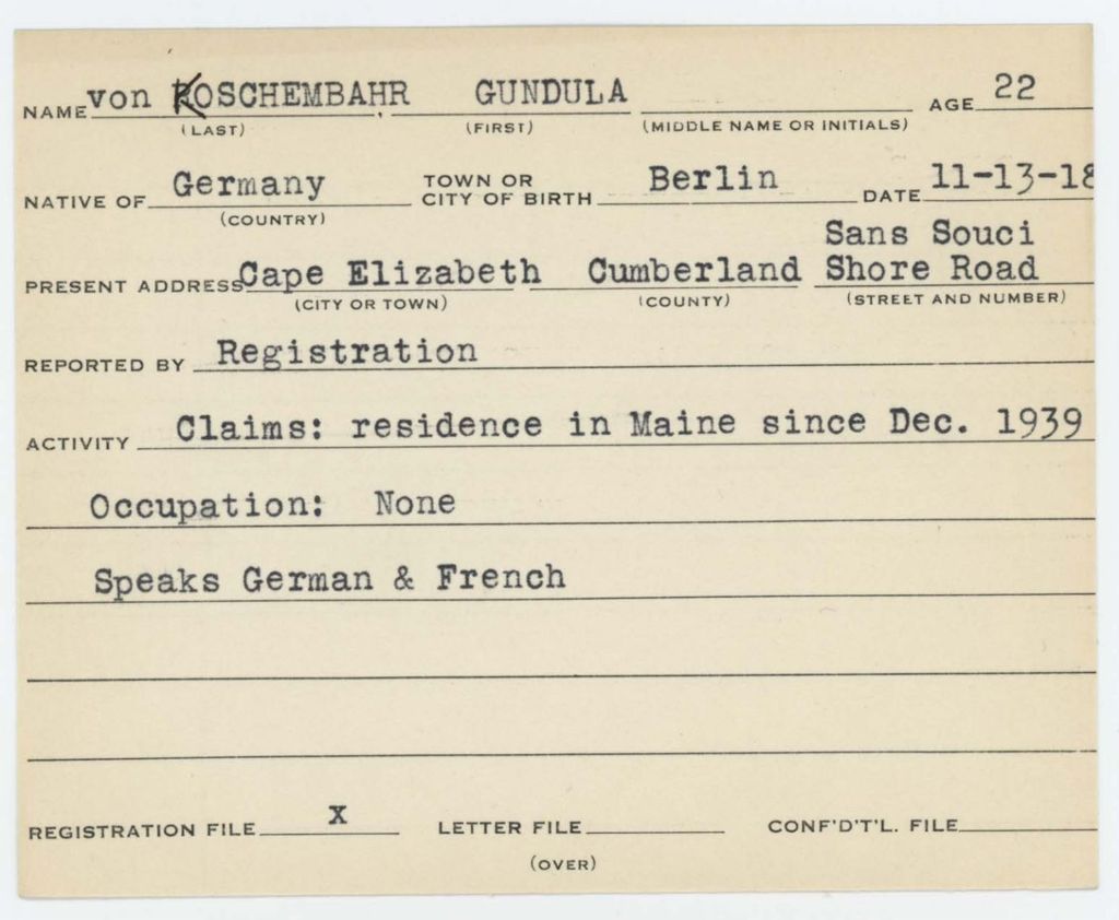 Alien Registration Card- Von Koschembahr, Gundula (Cape Elizabeth, Cumberland County)