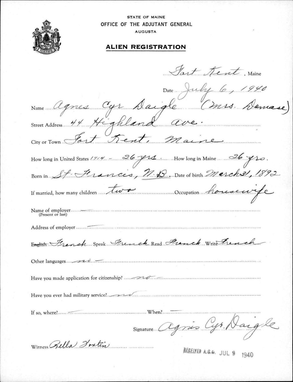 Alien Registration- Cyr Daigle, Agnes (Fort Kent, Aroostook County)
