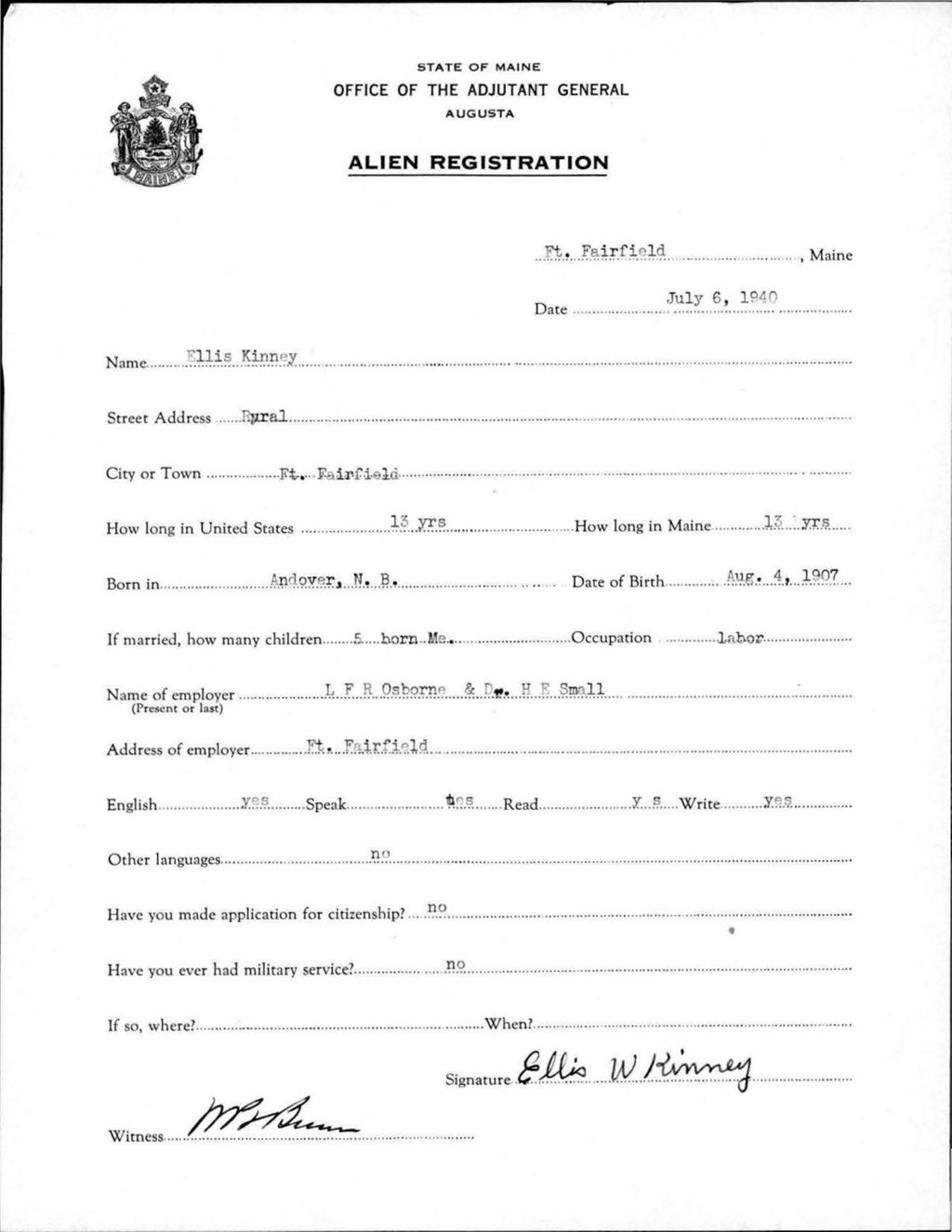 Alien Registration- Kinney, Ellis (Fort Fairfield, Aroostook County)