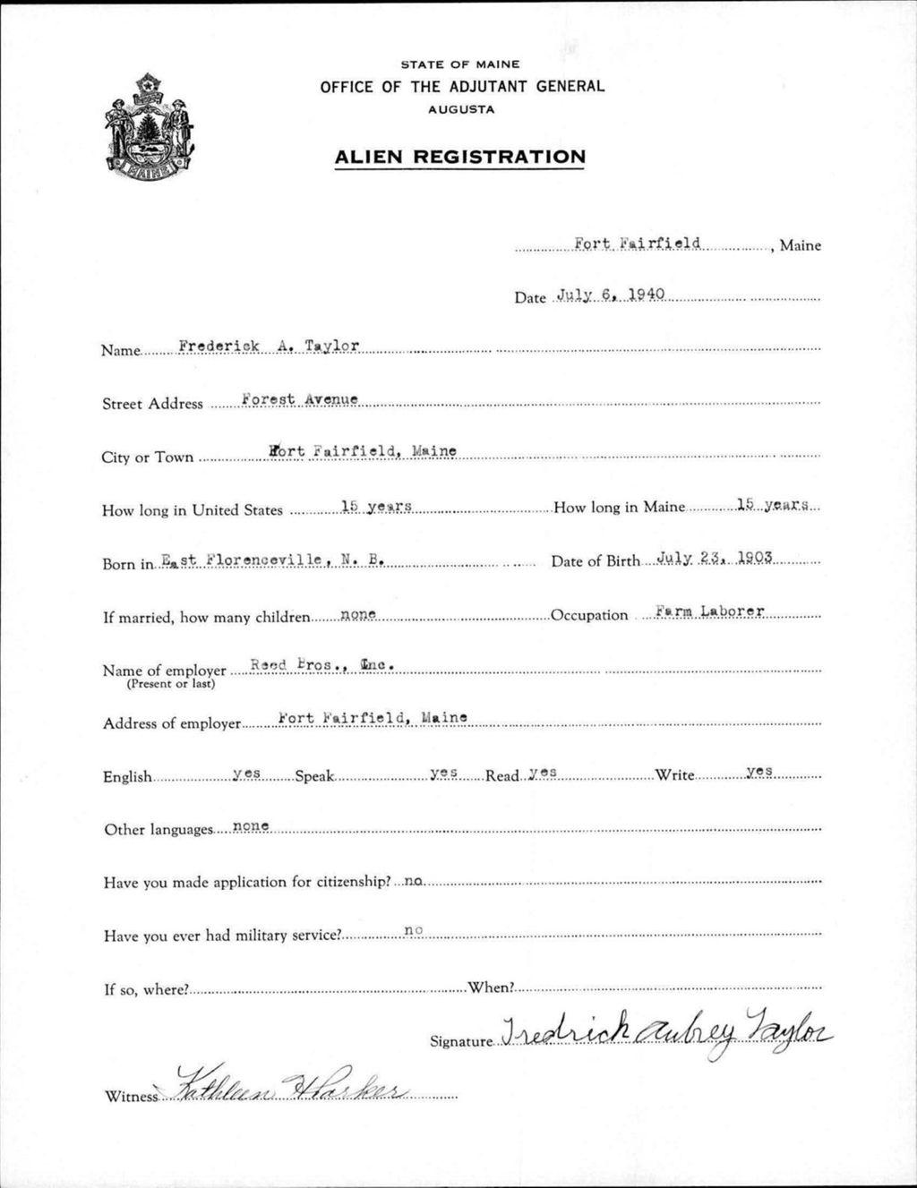 Alien Registration- Taylor, Frederick A. (Fort Fairfield, Aroostook County)