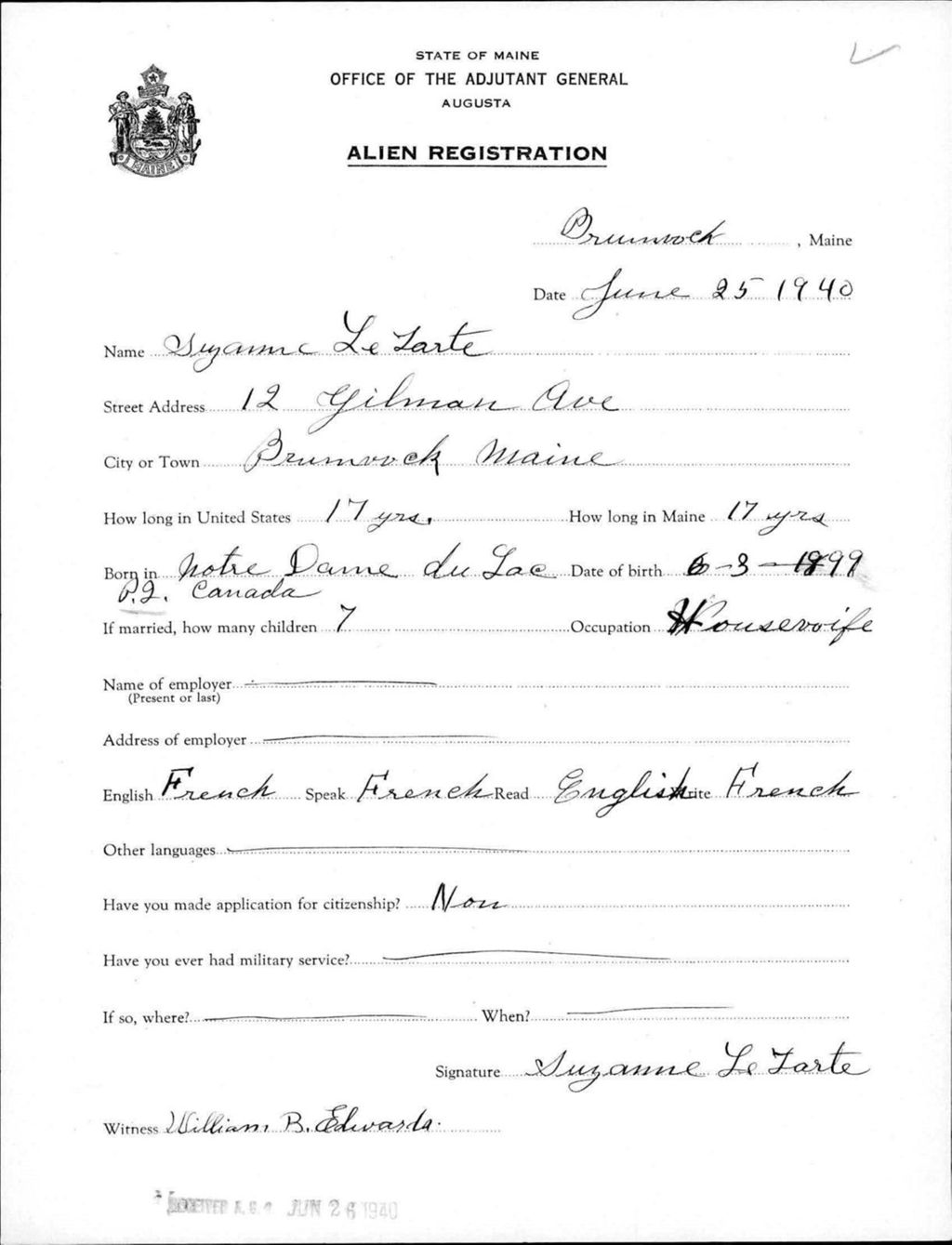 Miniature of Alien Registration- Letarte, Suzanne (Brunswick, Cumberland County)