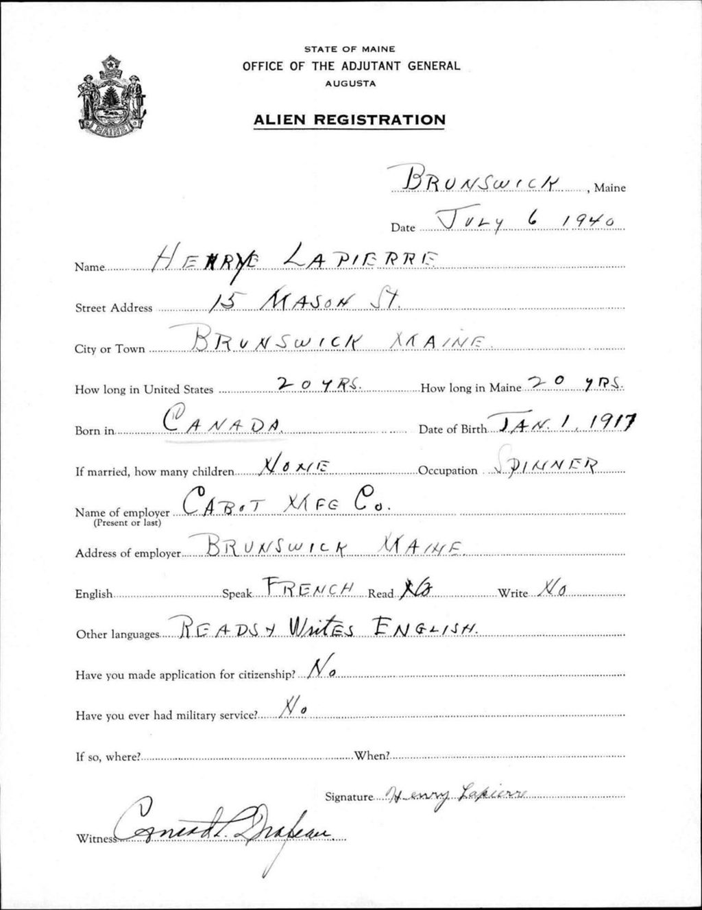 Miniature of Alien Registration- Lapierre, Henry (Brunswick, Cumberland County)