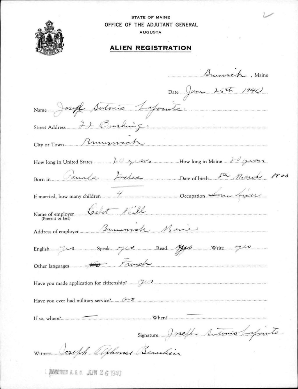 Miniature of Alien Registration- Lapointe, Joseff A. (Brunswick, Cumberland County)