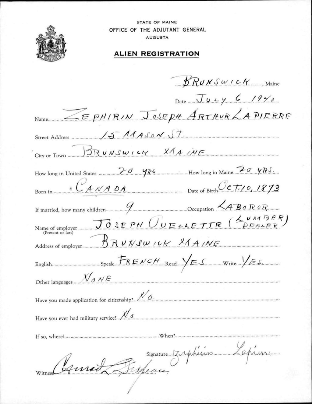 Miniature of Alien Registration- Lapierre, Zephirin Joseph A. (Brunswick, Cumberland County)