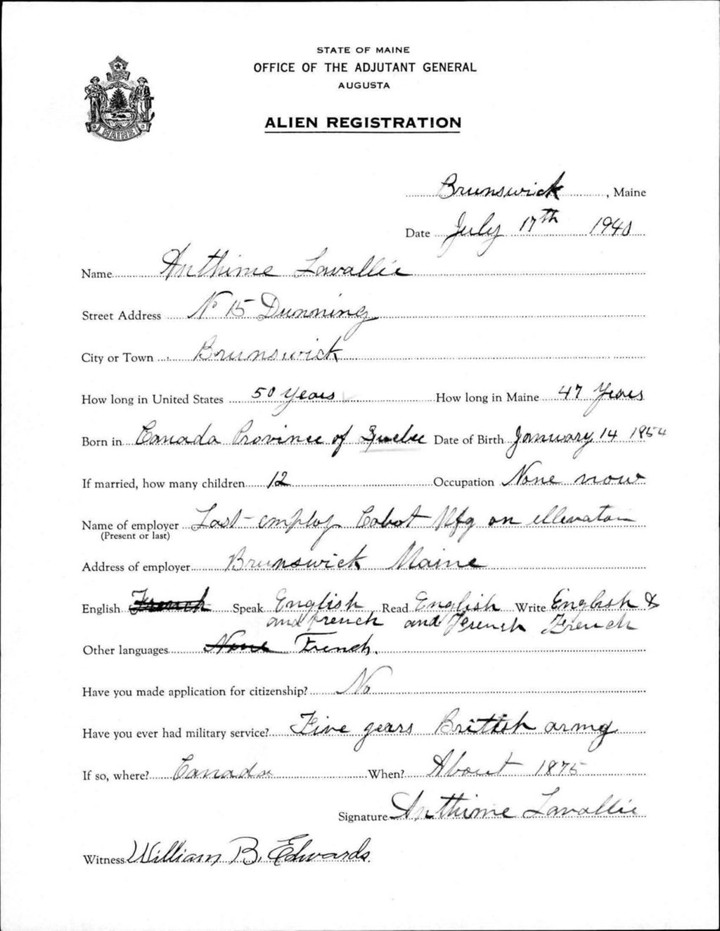 Miniature of Alien Registration- Lavallie, Anthime (Brunswick, Cumberland County)