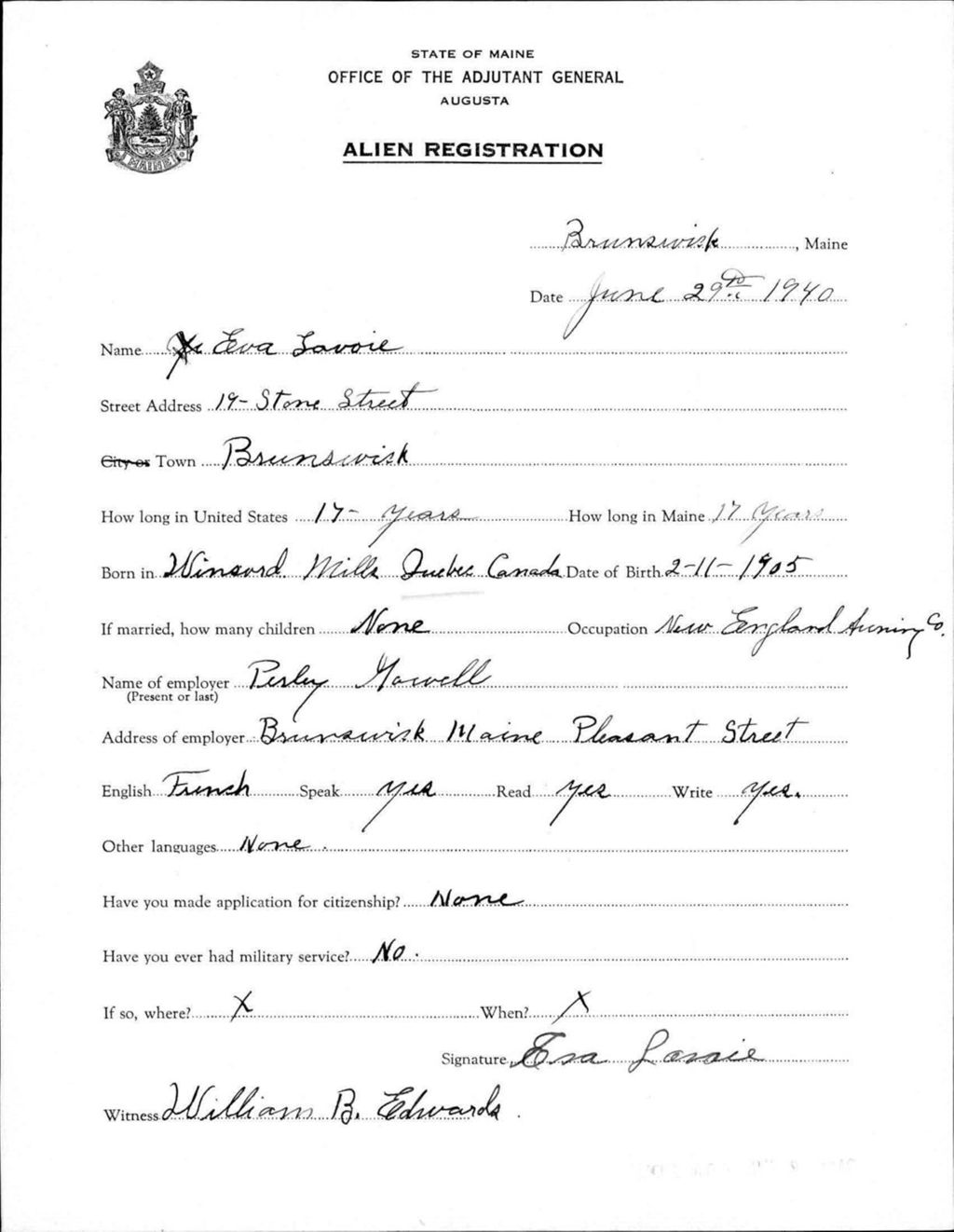 Miniature of Alien Registration- Lavoie, Eva (Brunswick, Cumberland County)