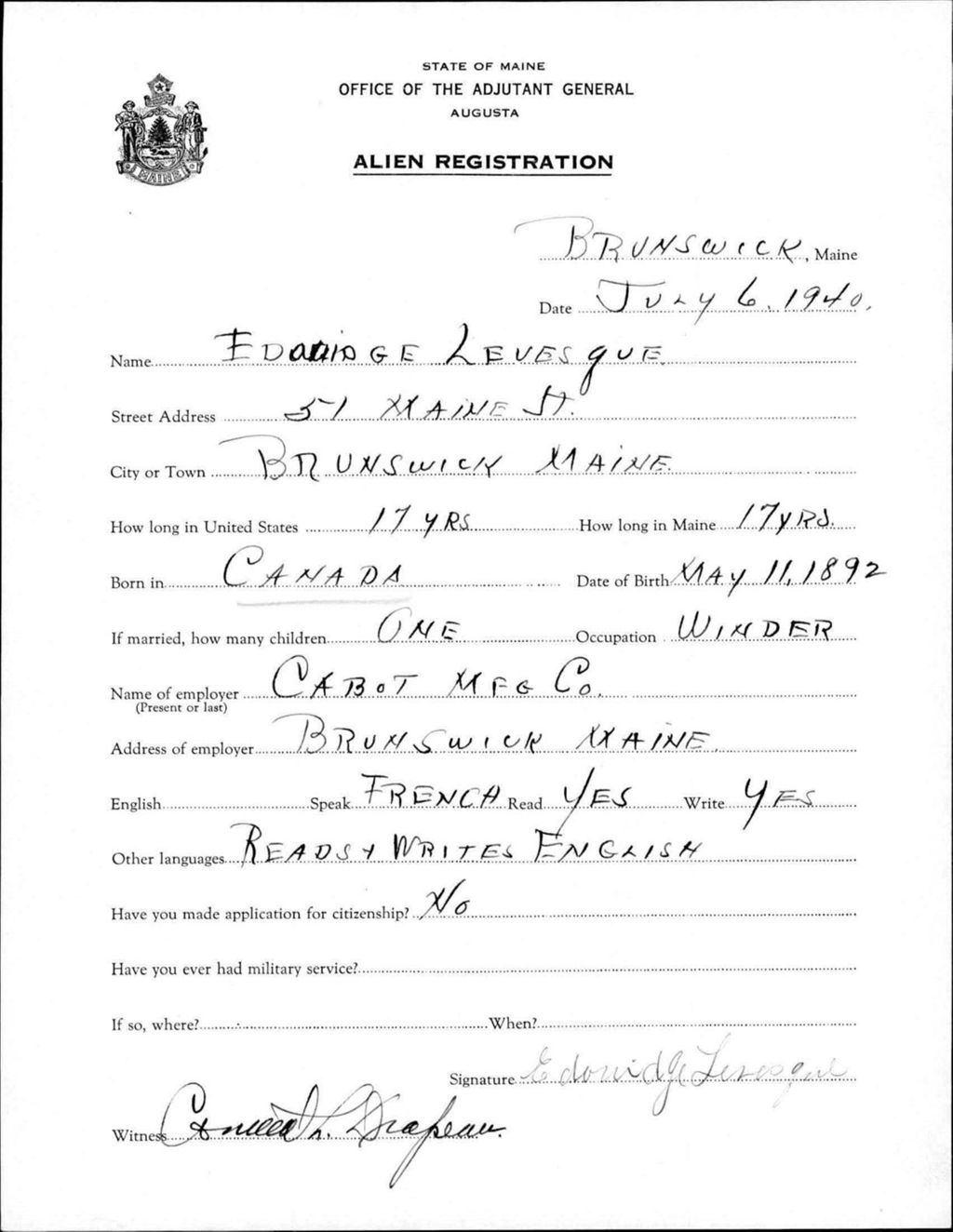 Miniature of Alien Registration- Levesque, Edouridge (Brunswick, Cumberland County)