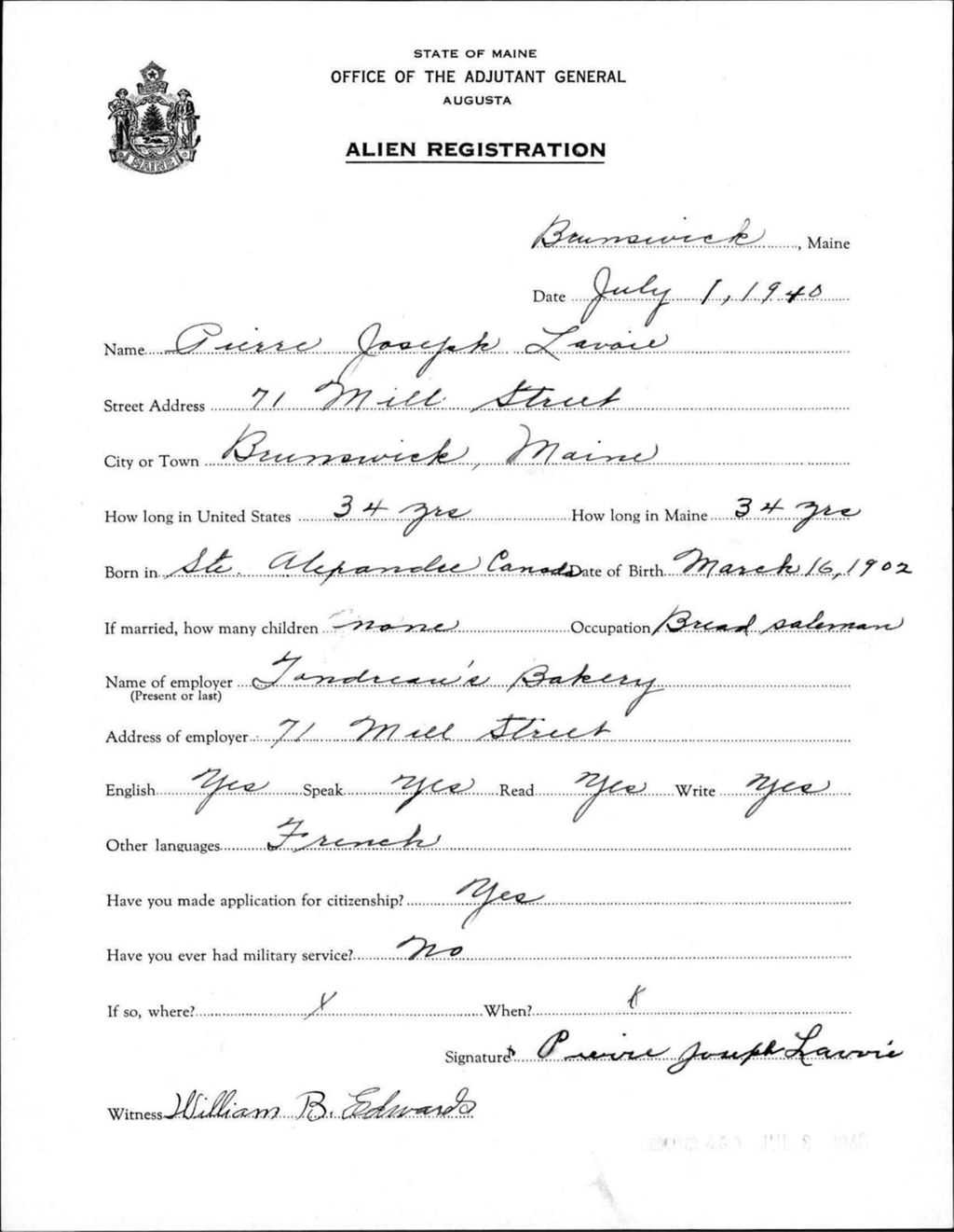Miniature of Alien Registration- Lavoie, Pierre J. (Brunswick, Cumberland County)