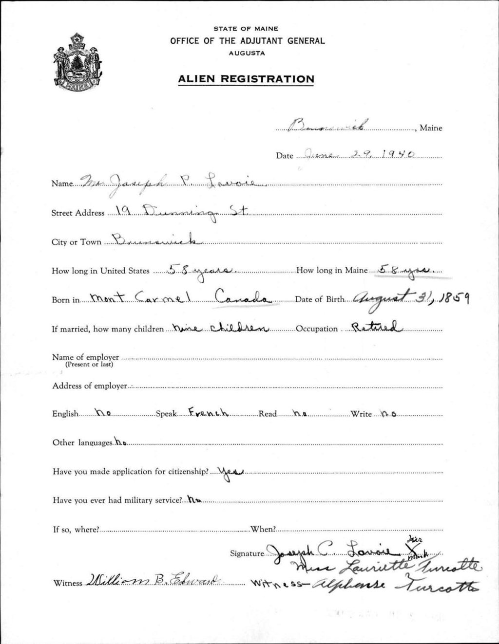 Miniature of Alien Registration- Lavoie, Joseph P. (Brunswick, Cumberland County)