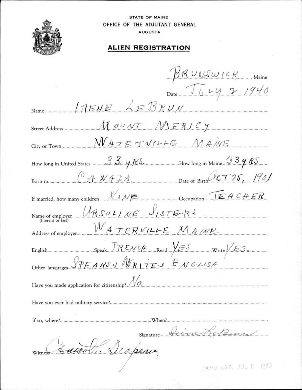 Miniature of Alien Registration- Lebrun, Irene (Brunswick, Cumberland County)