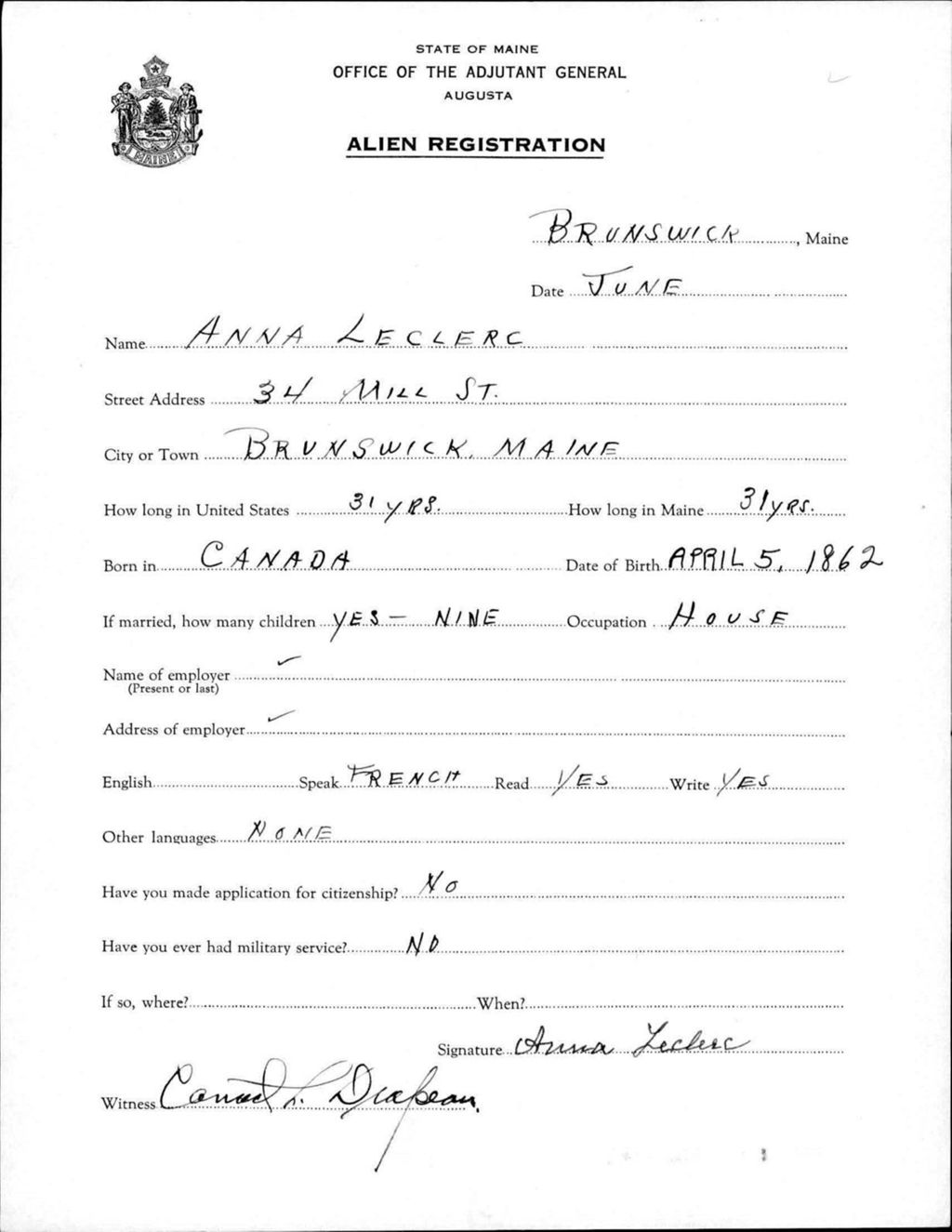 Miniature of Alien Registration- Leclerc, Anna (Brunswick, Cumberland County)