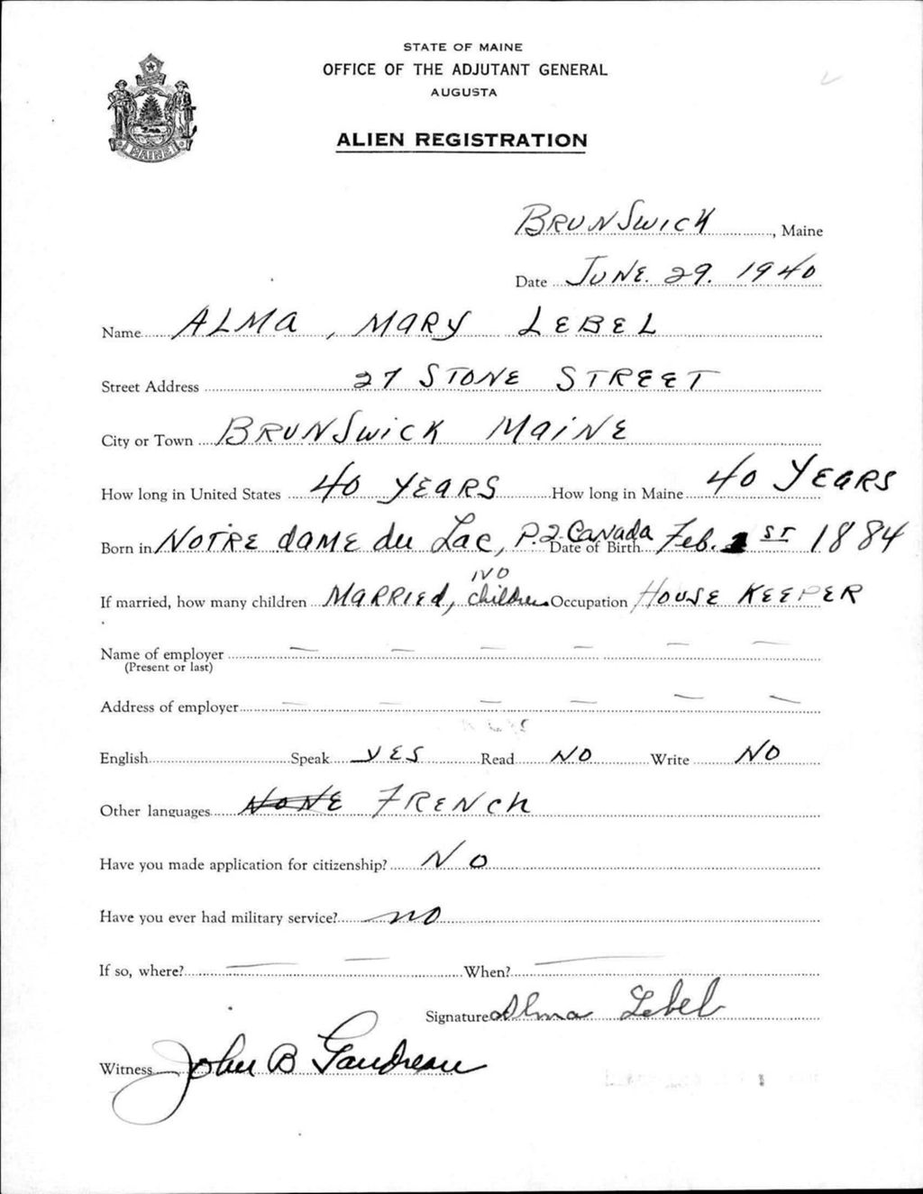 Miniature of Alien Registration- Lebel, Alma M. (Brunswick, Cumberland County)