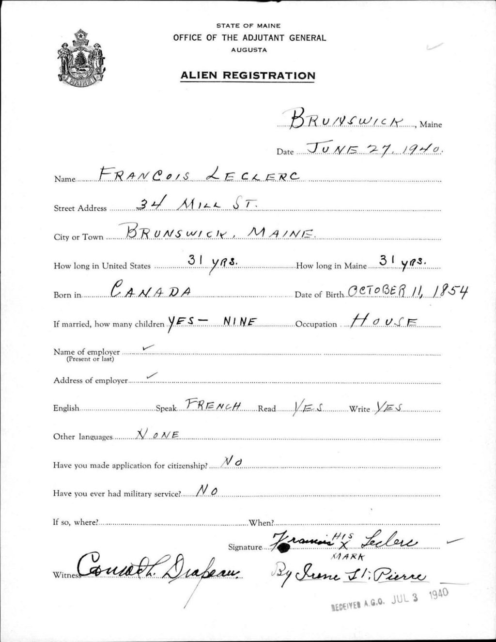 Miniature of Alien Registration- Leclerc, Francois (Brunswick, Cumberland County)