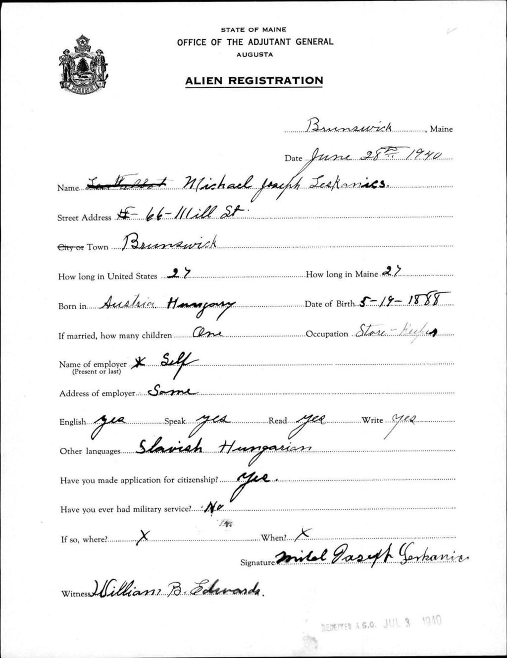 Miniature of Alien Registration- Leskanics, Michael J. (Brunswick, Cumberland County)
