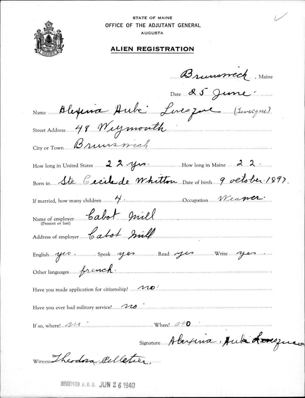 Miniature of Alien Registration- Hube, Alexina (Brunswick, Cumberland County)