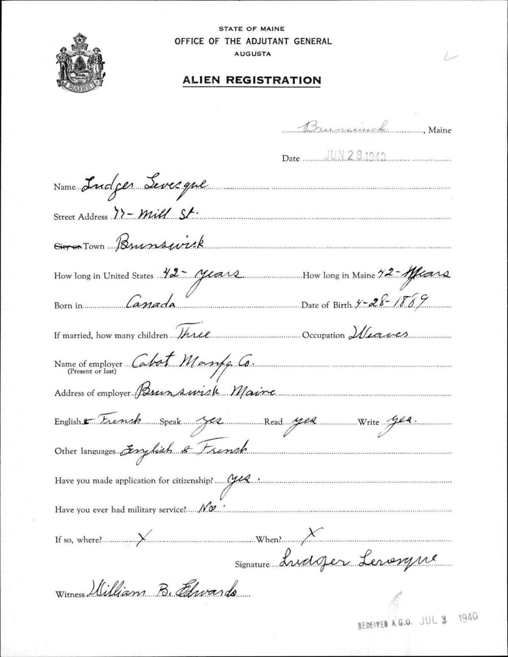 Miniature of Alien Registration- Levesque, Ludger (Brunswick, Cumberland County)