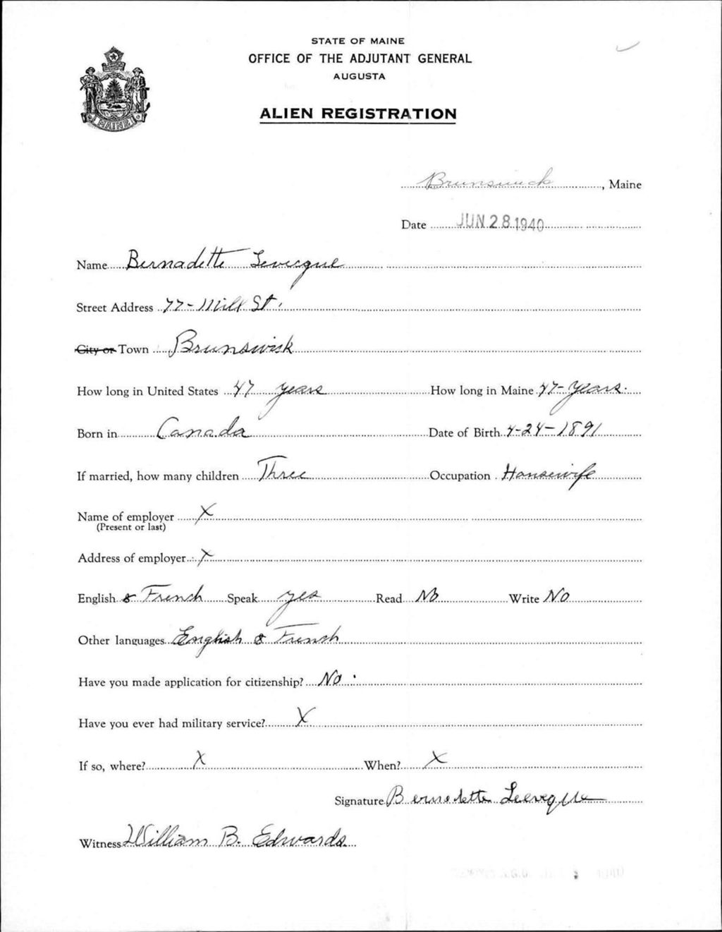 Miniature of Alien Registration- Levesque, Bernadette (Brunswick, Cumberland County)