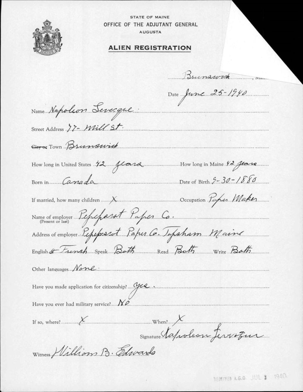 Miniature of Alien Registration- Levesque, Napoleon (Brunswick, Cumberland County)