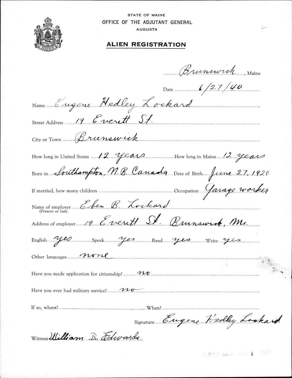 Miniature of Alien Registration- Lockard, Eugene H. (Brunswick, Cumberland County)