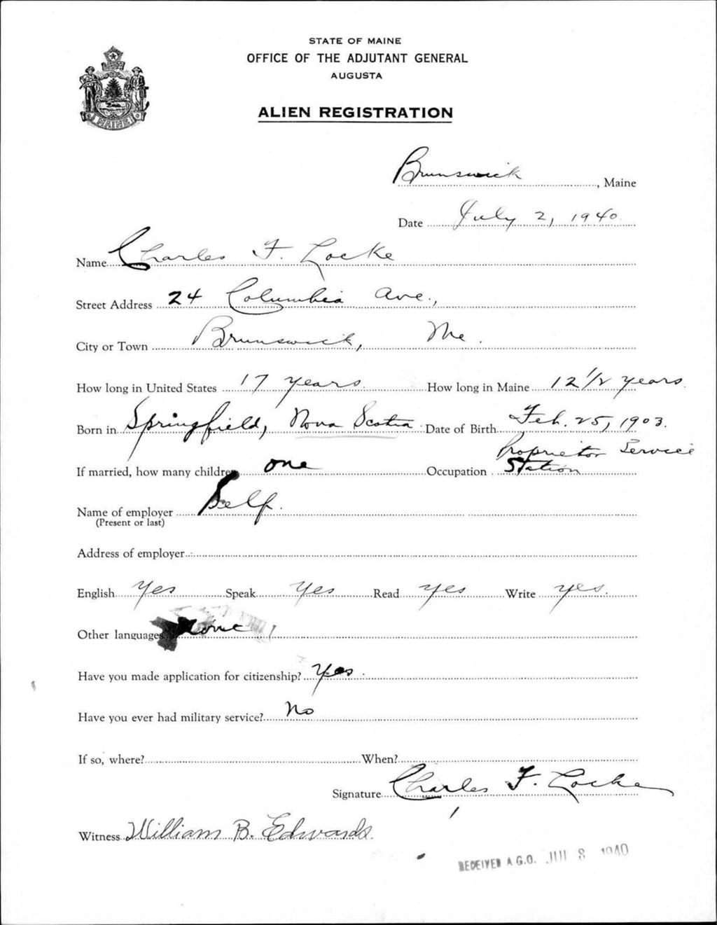Miniature of Alien Registration- Locke, Charles F. (Brunswick, Cumberland County)