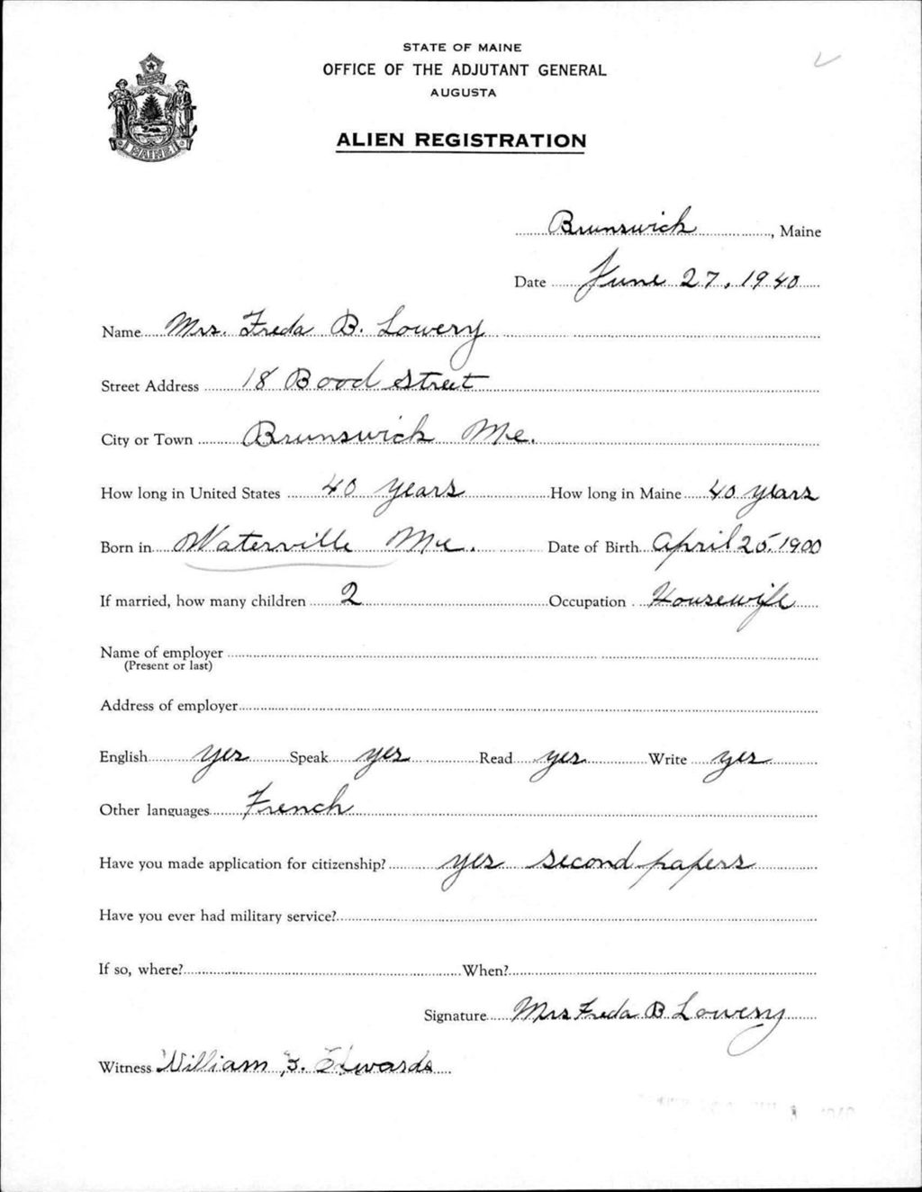 Miniature of Alien Registration- Lowery, Freda B. (Brunswick, Cumberland County)
