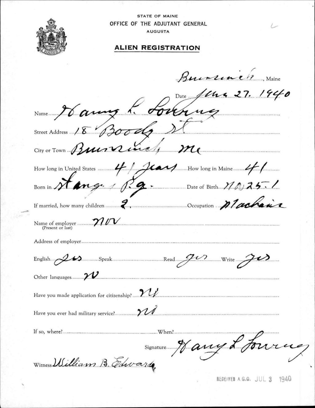Miniature of Alien Registration- Lovering, Harry L. (Brunswick, Cumberland County)