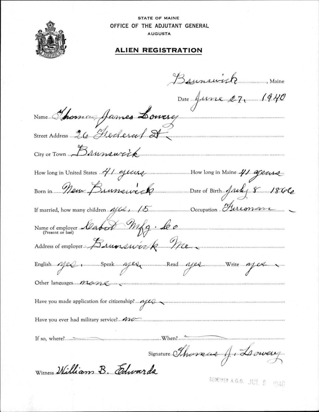 Miniature of Alien Registration- Lowery, Thomas J. (Brunswick, Cumberland County)