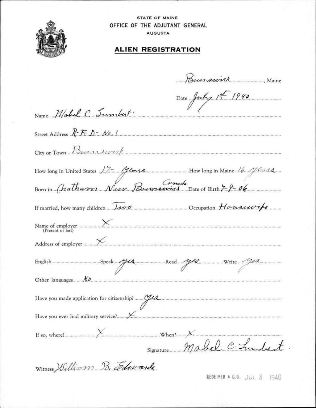 Miniature of Alien Registration- Lumbert, Mabel C. (Brunswick, Cumberland County)