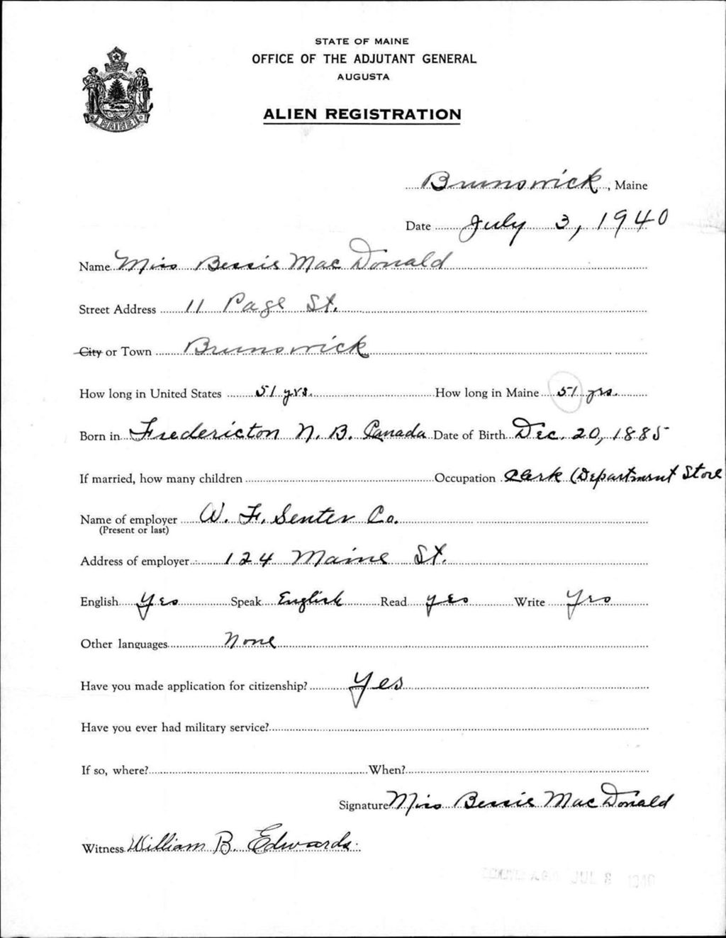 Miniature of Alien Registration- Macdonald, Bessie (Brunswick, Cumberland County)