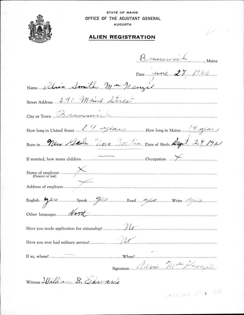 Miniature of Alien Registration- Mackenzie, Alvin S. (Brunswick, Cumberland County)