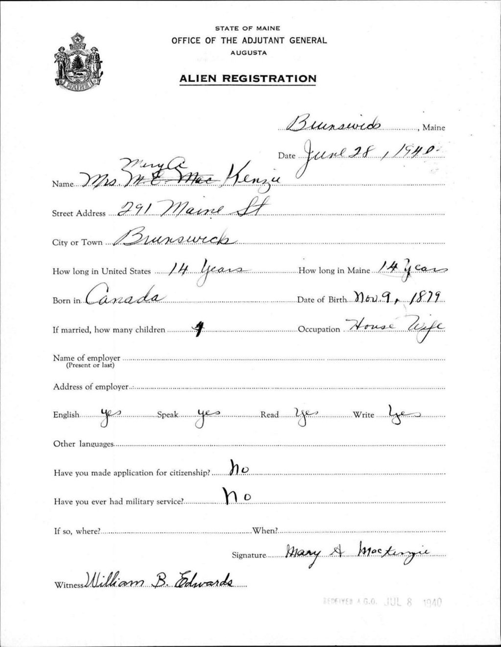 Miniature of Alien Registration- Mackenzie, Mary A. (Brunswick, Cumberland County)
