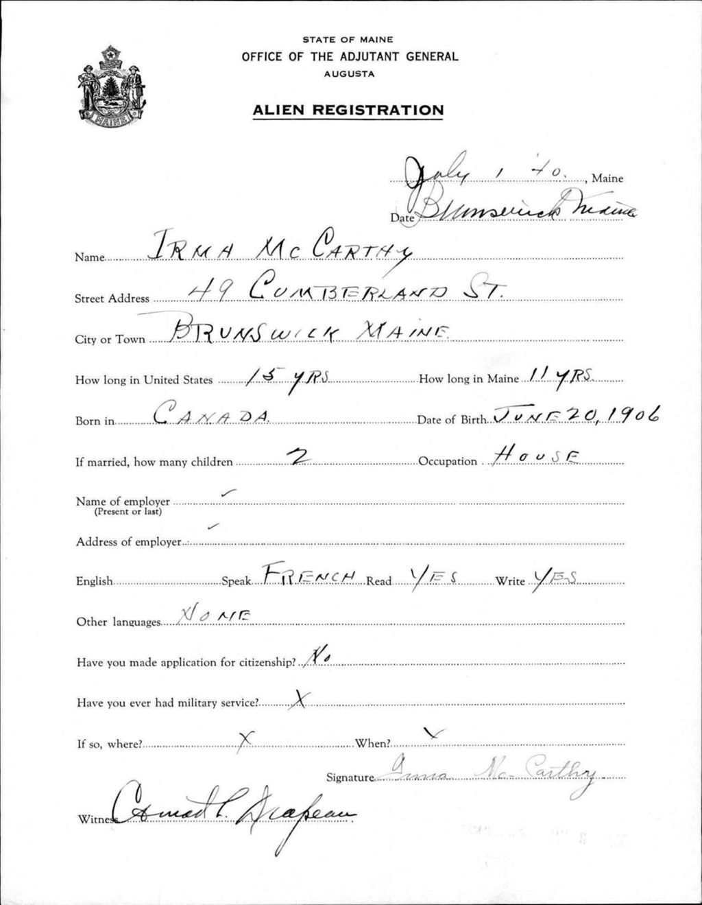 Miniature of Alien Registration- Mccarthy, Irma (Brunswick, Cumberland County)
