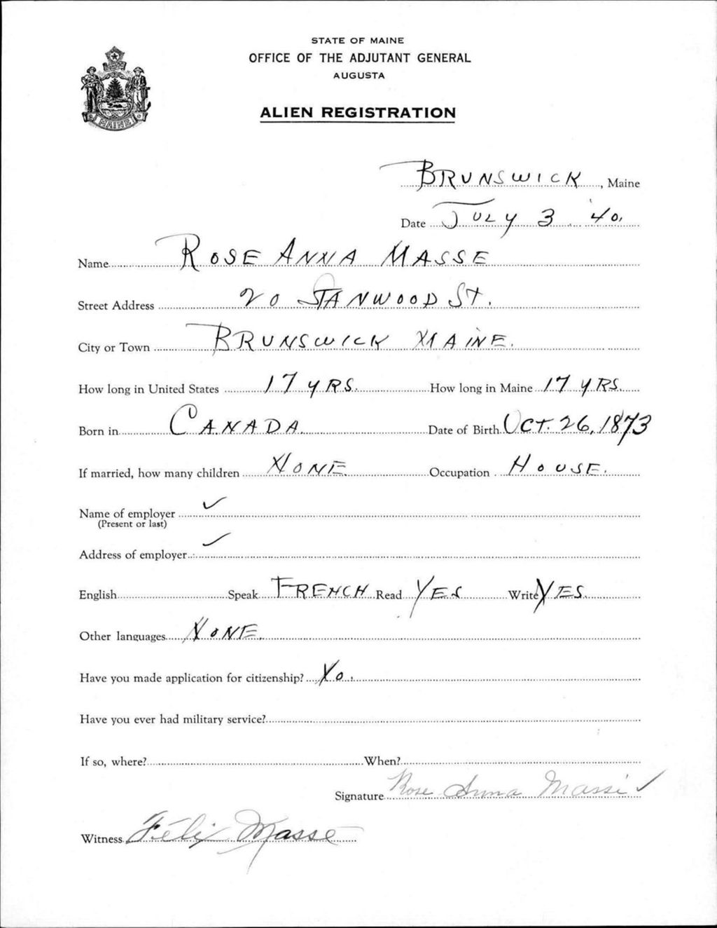 Miniature of Alien Registration- Masse, Rose Anna (Brunswick, Cumberland County)