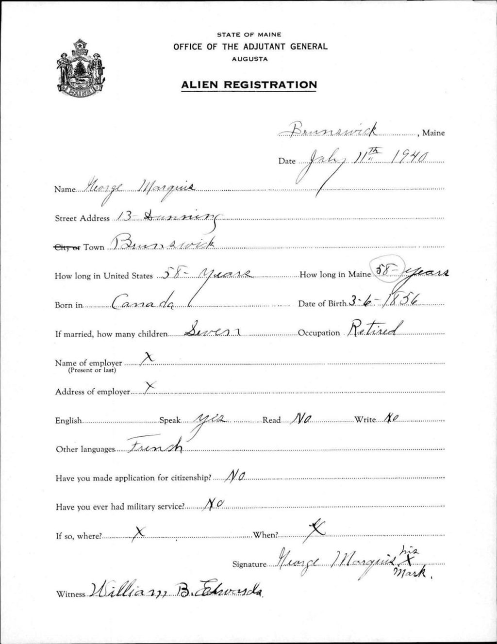 Miniature of Alien Registration- Marquis, George (Brunswick, Cumberland County)