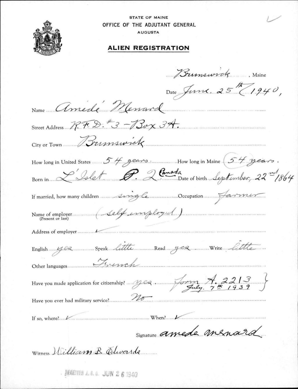 Miniature of Alien Registration- Menard, Amidi (Brunswick, Cumberland County)