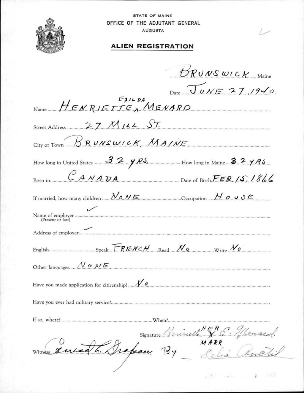 Miniature of Alien Registration- Menard, Henriette E. (Brunswick, Cumberland County)