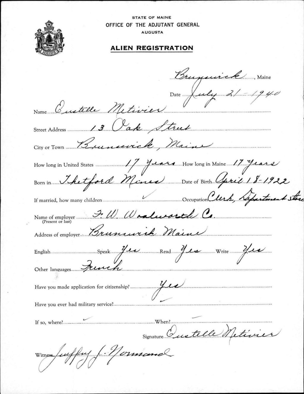 Miniature of Alien Registration- Metivier, Eustelle (Brunswick, Cumberland County)