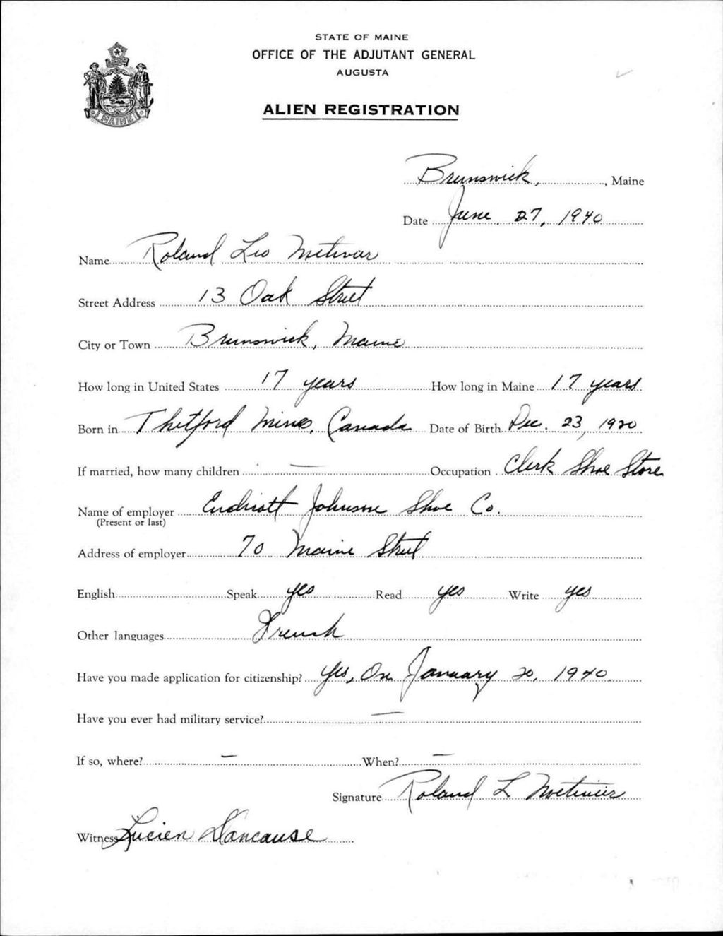 Miniature of Alien Registration- Metivier, Roland L. (Brunswick, Cumberland County)
