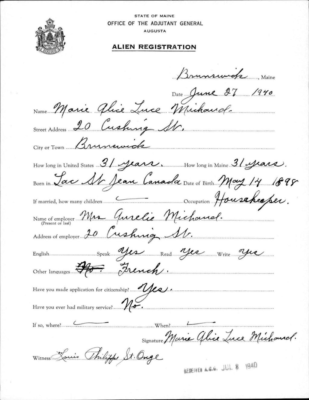 Miniature of Alien Registration- Michaud, Marie Alice L. (Brunswick, Cumberland County)